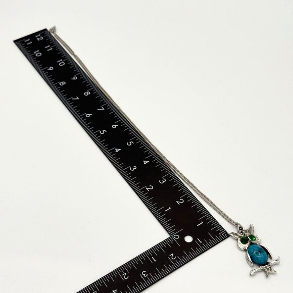 Vintage Owl Pendant Necklace Silver Chain Faux Turquoise & Green Gemstone Eyes - Picture 9 of 13